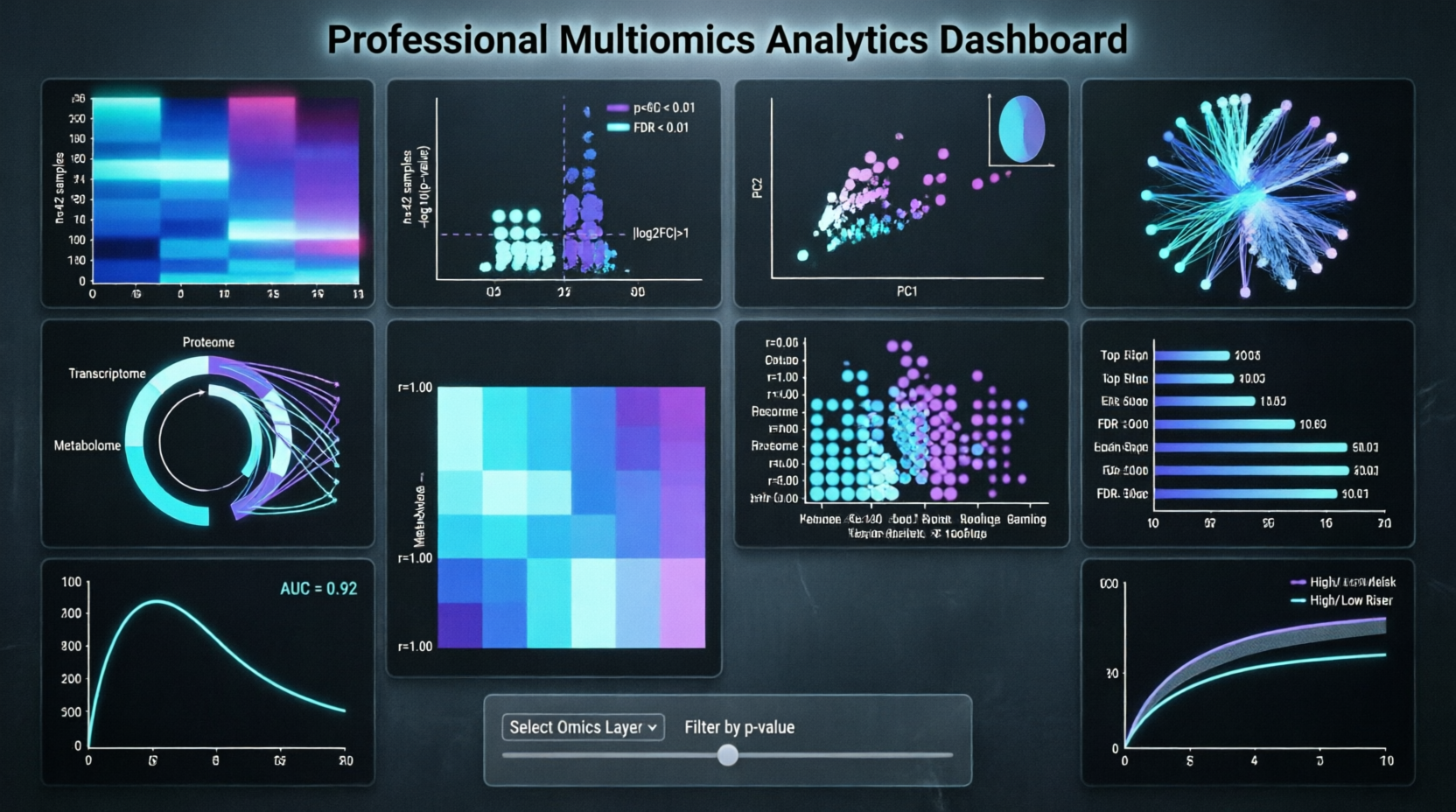 Professional multiomics analytics dashboard with charts and network visualizations